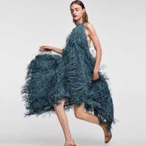 Zara Light Blue Halter Fringe Dress Limited Edition